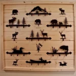 A wooden wall with various animal silhouettes on it.