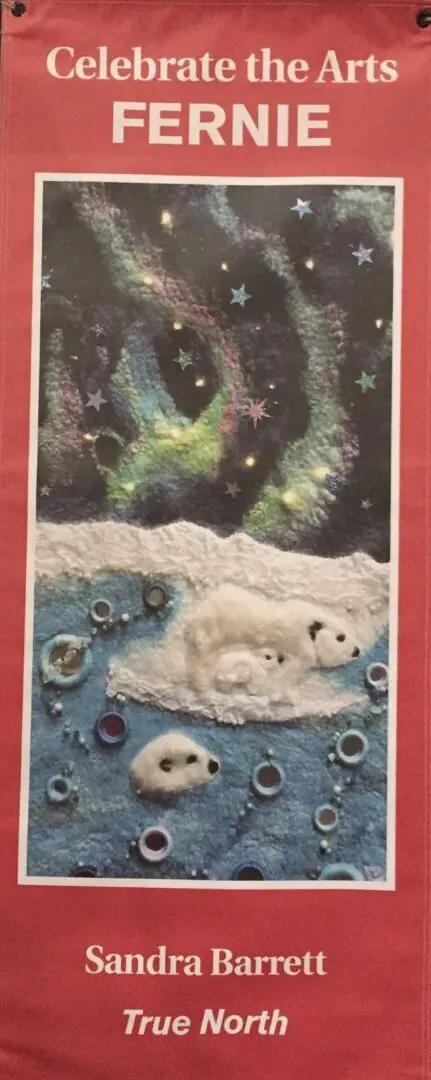 A polar bear laying on the ice in front of some stars.